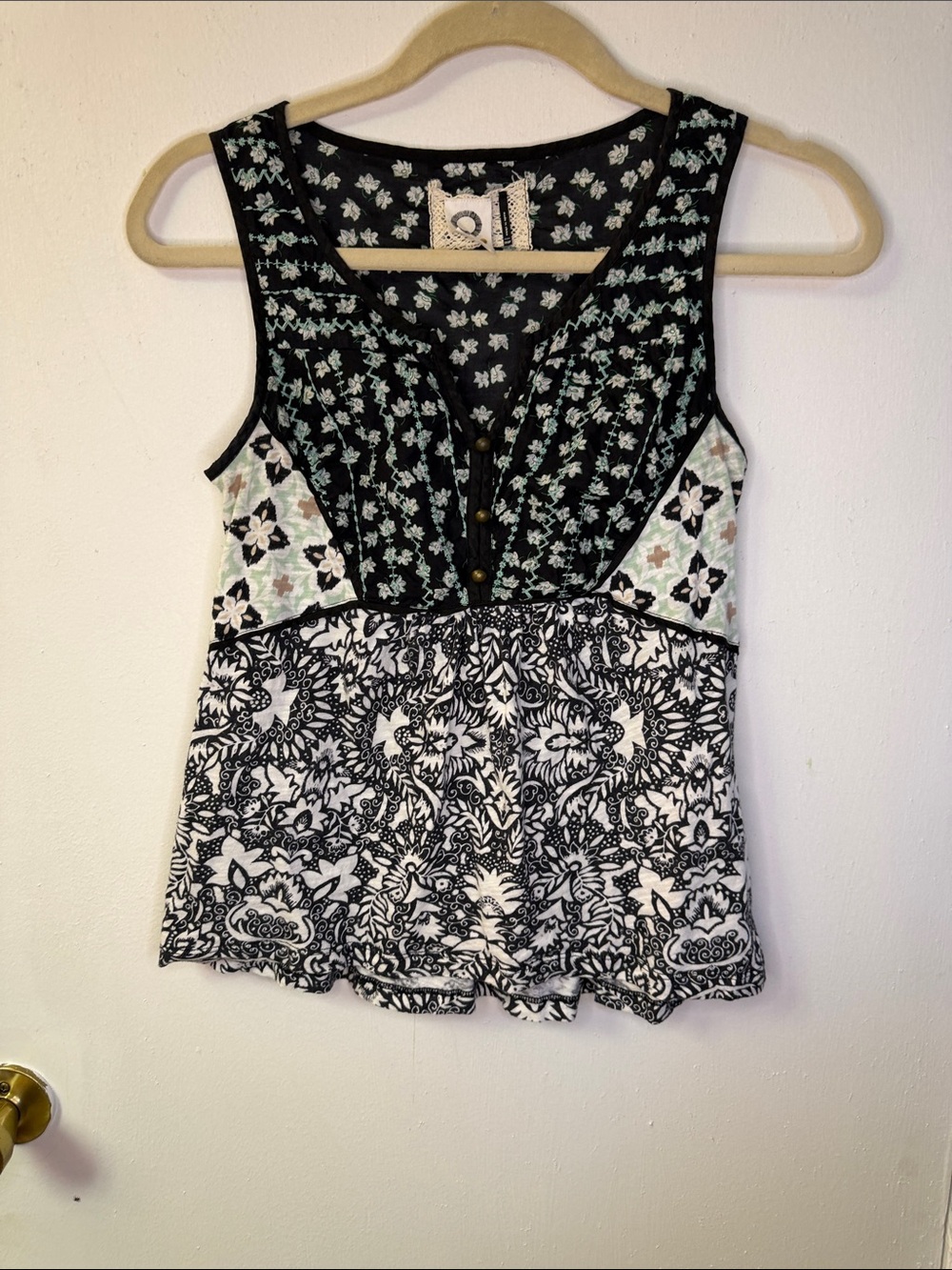 Anthropologie Mixed-Print Sleeveless Tank Top - Black & Mint